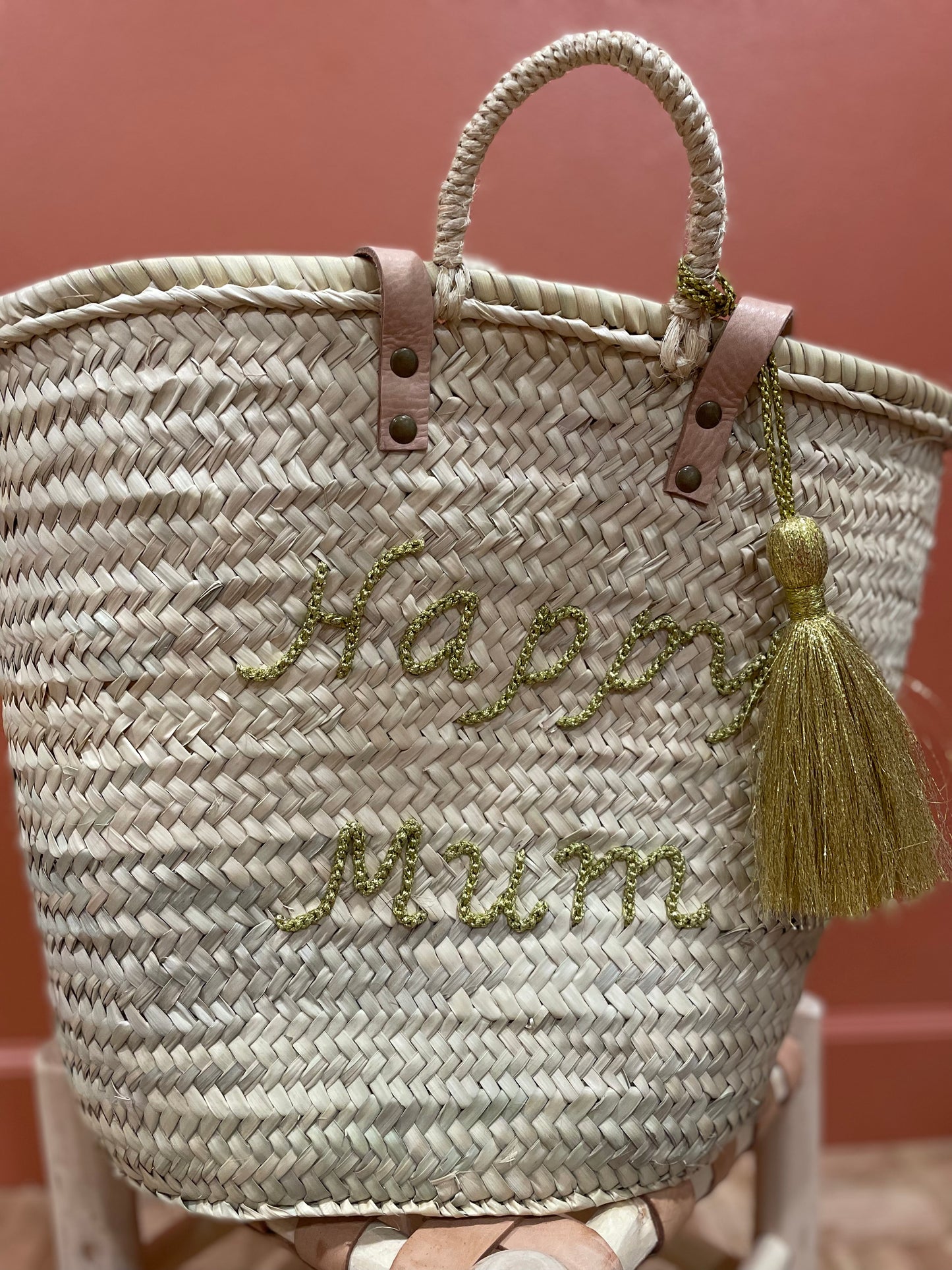 Moroccan Basket Bag "HAPPY MUM" Gold