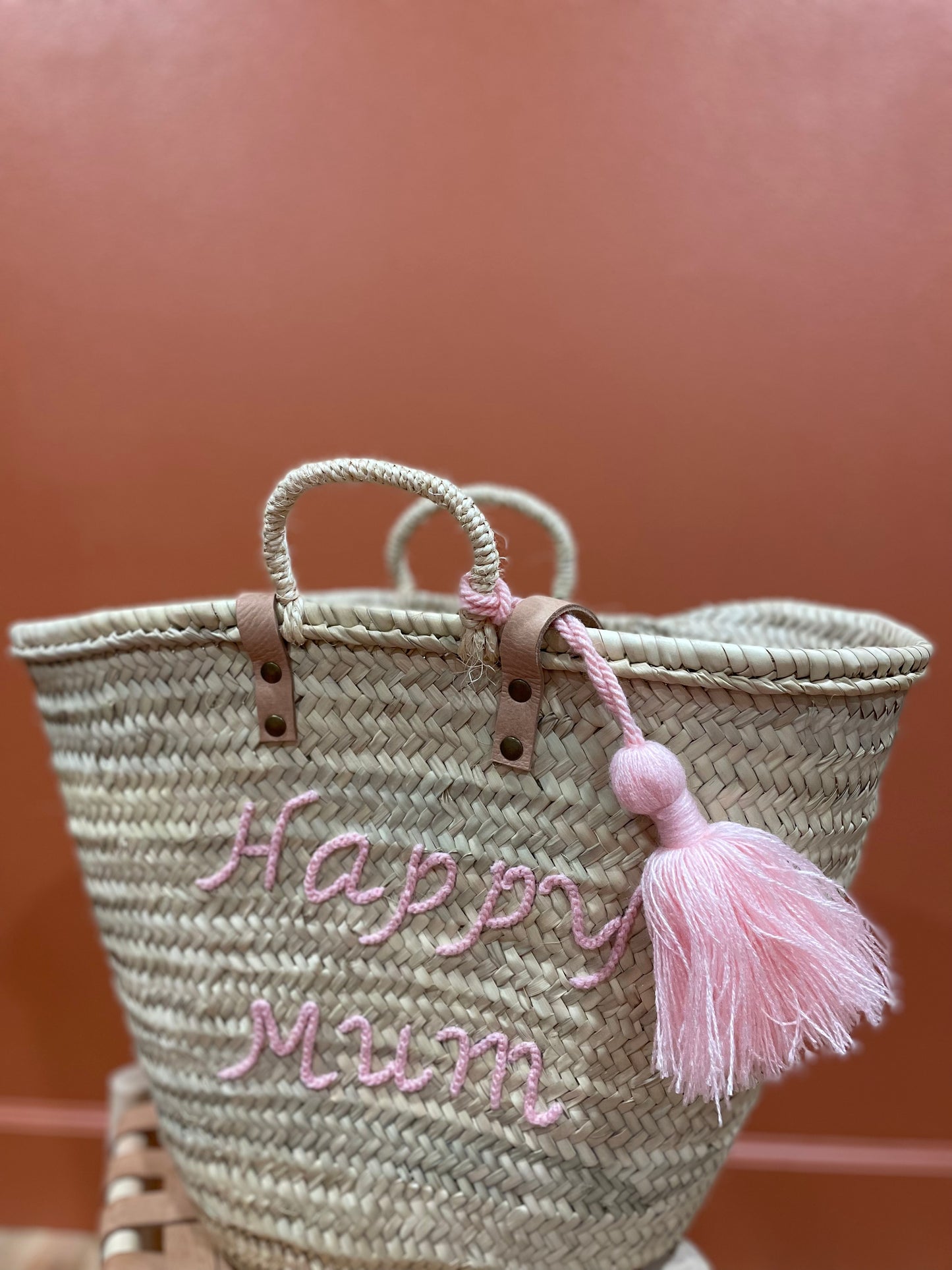 Moroccan Basket Bag "HAPPY MUM" Pink