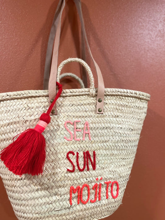 Moroccan Basket Bag "SEA, SUN, MOJITO" Corail