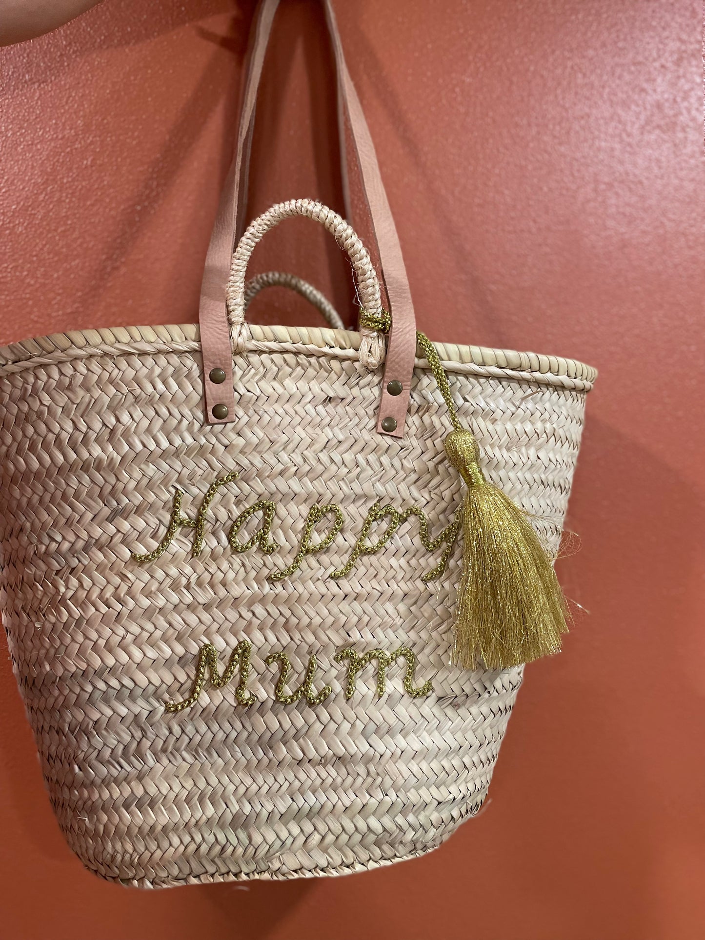 Moroccan Basket Bag "HAPPY MUM" Gold