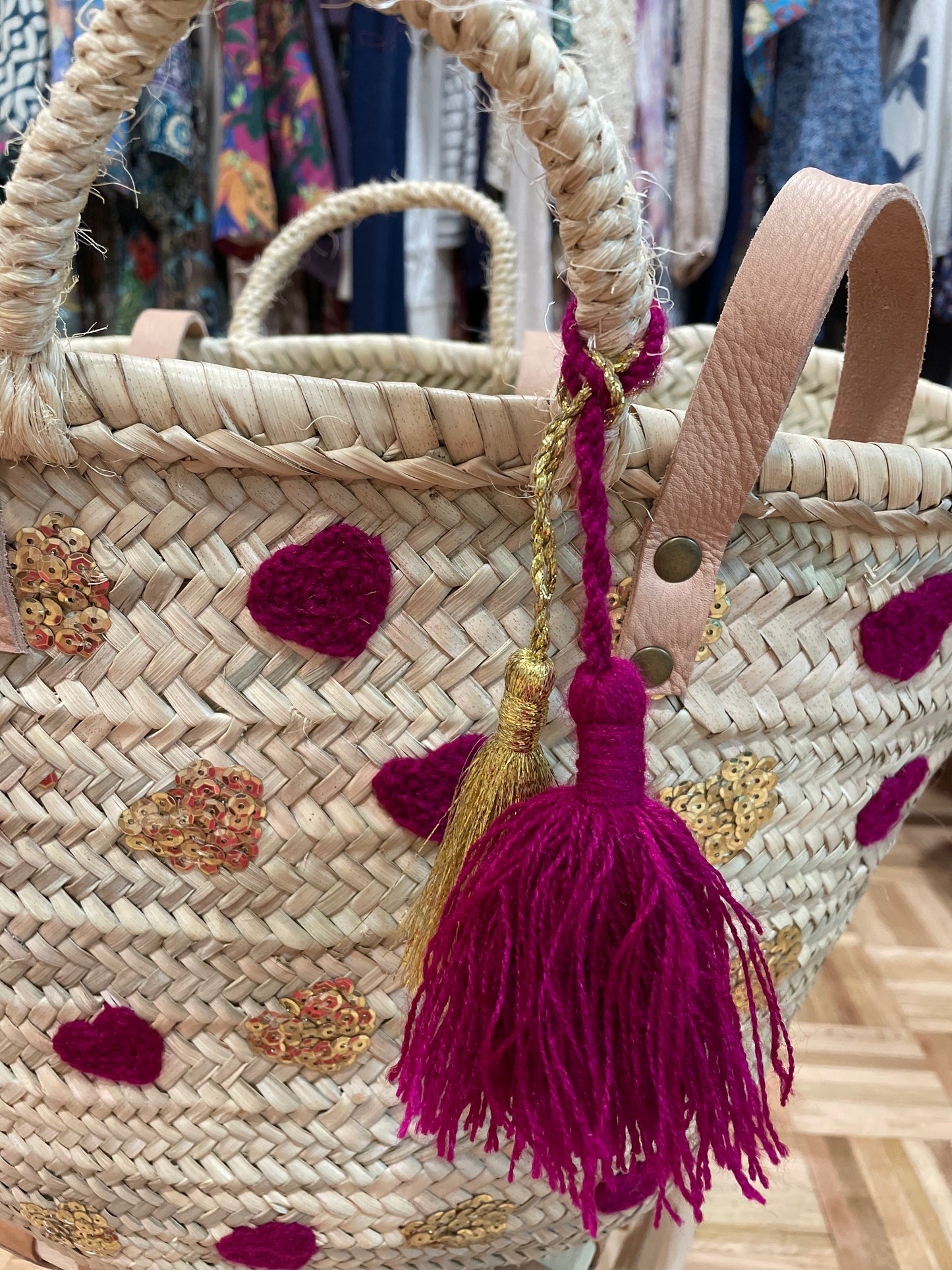 Moroccan Basket Bag Multi Rosa & Gold sequins Hearts