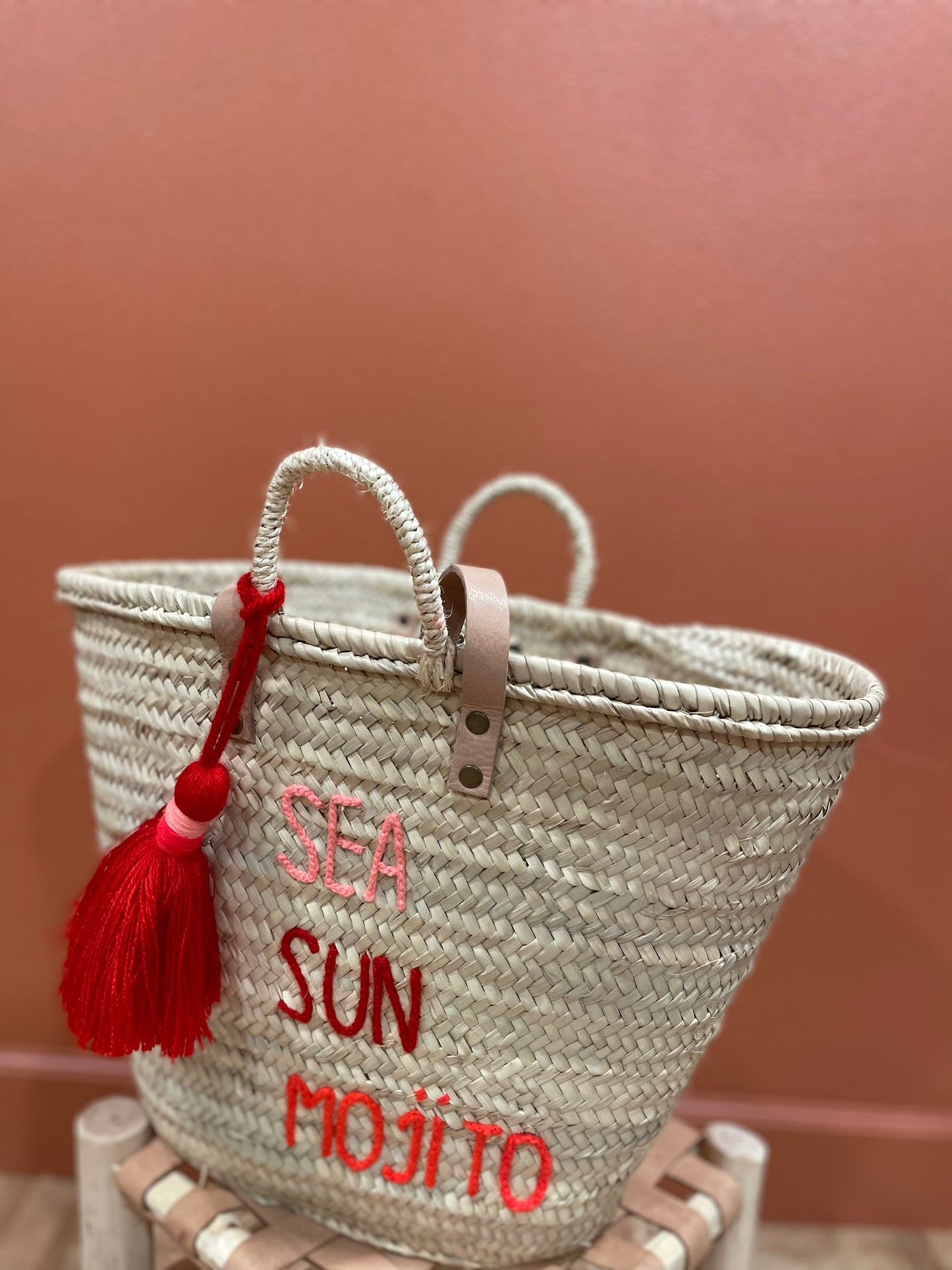 Moroccan Basket Bag "SEA, SUN, MOJITO" Corail