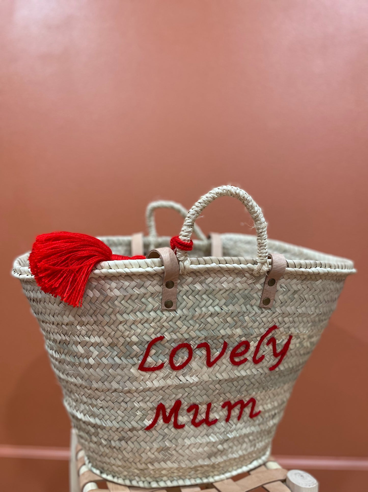 Moroccan Basket Bag "LOVELY MUM" Red