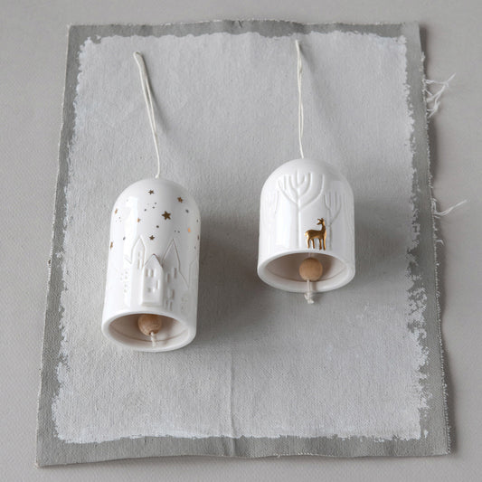 Porcelain Bell Ornaments with Village/Deer