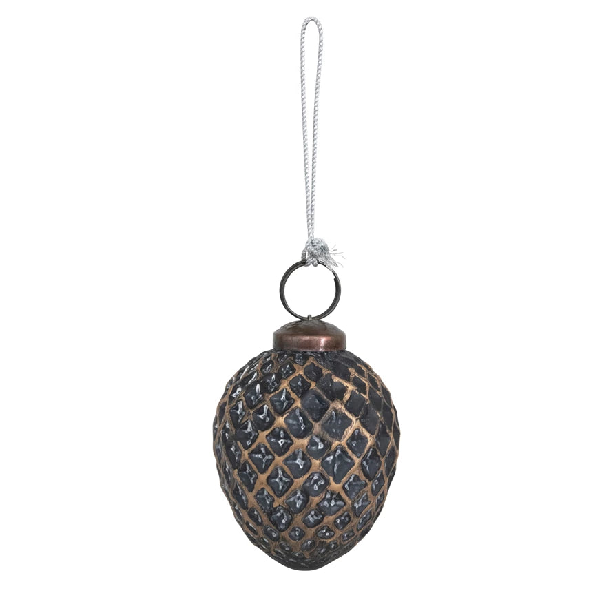 Round Embossed Glass Ball Ornament, Distressed Black and Gold Finish