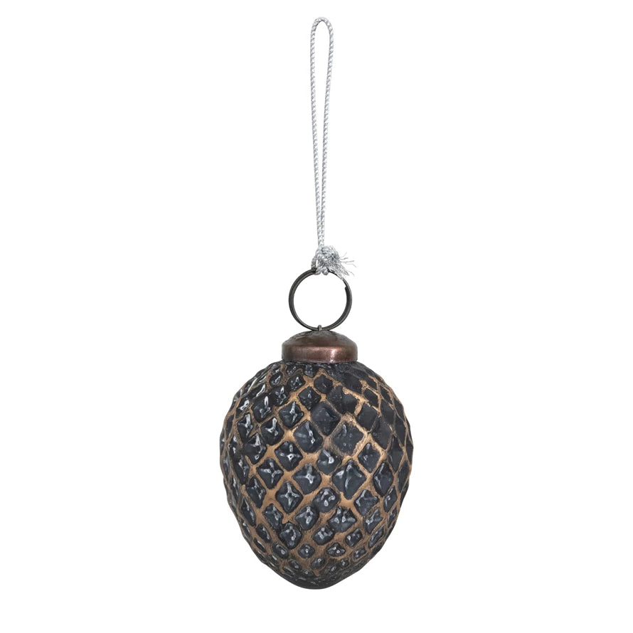Round Embossed Glass Ball Ornament, Distressed Black and Gold Finish