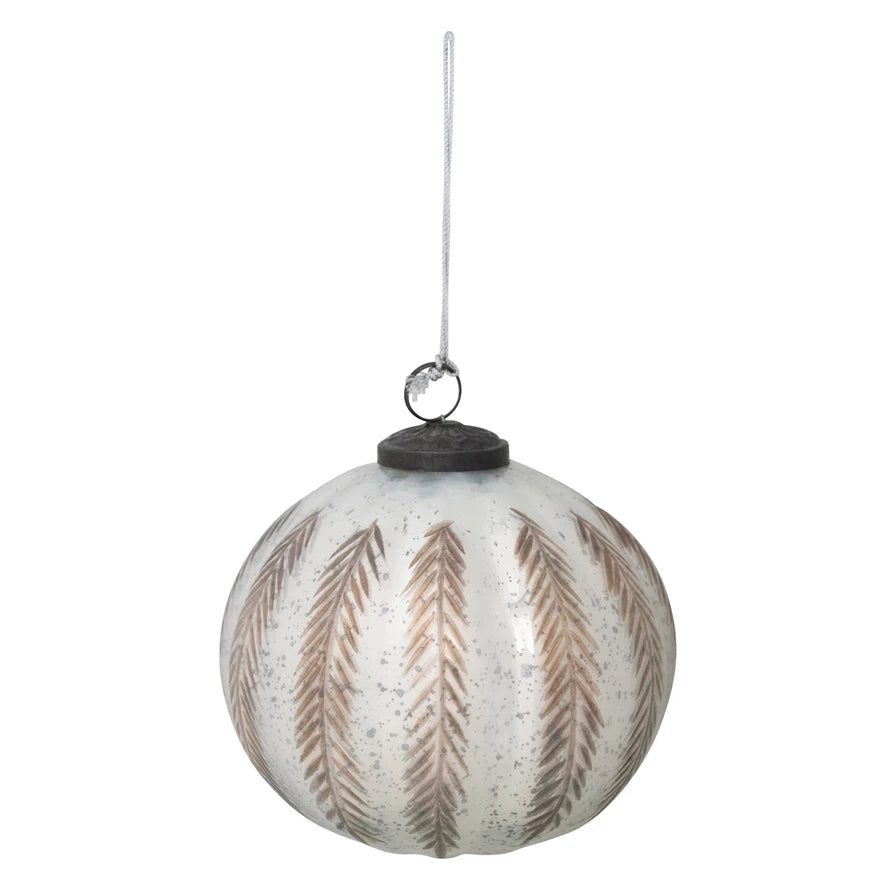 Round Mercury Glass Ball Ornament with Etched Copper Pattern, White Finish